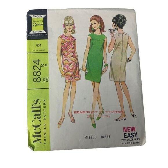 Vintage 60s McCalls 8824 Pattern Misses 10-18 Front Yoke Dress Mod Easy Cut - Picture 1 of 4